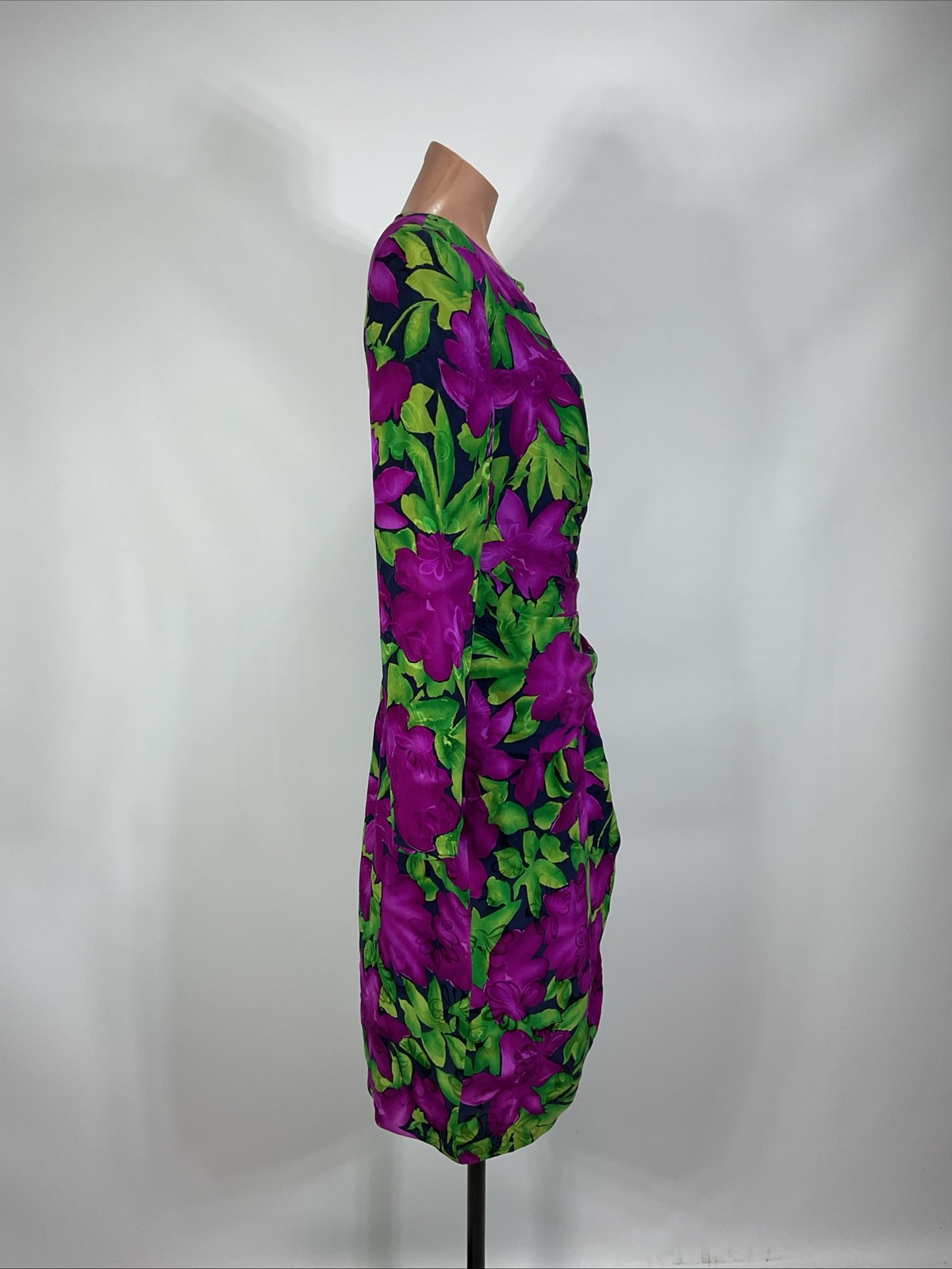 80s VTG AJ Bari Evening Dress Bright Floral Faux Wrap Ruched Puffy Sleeve 12