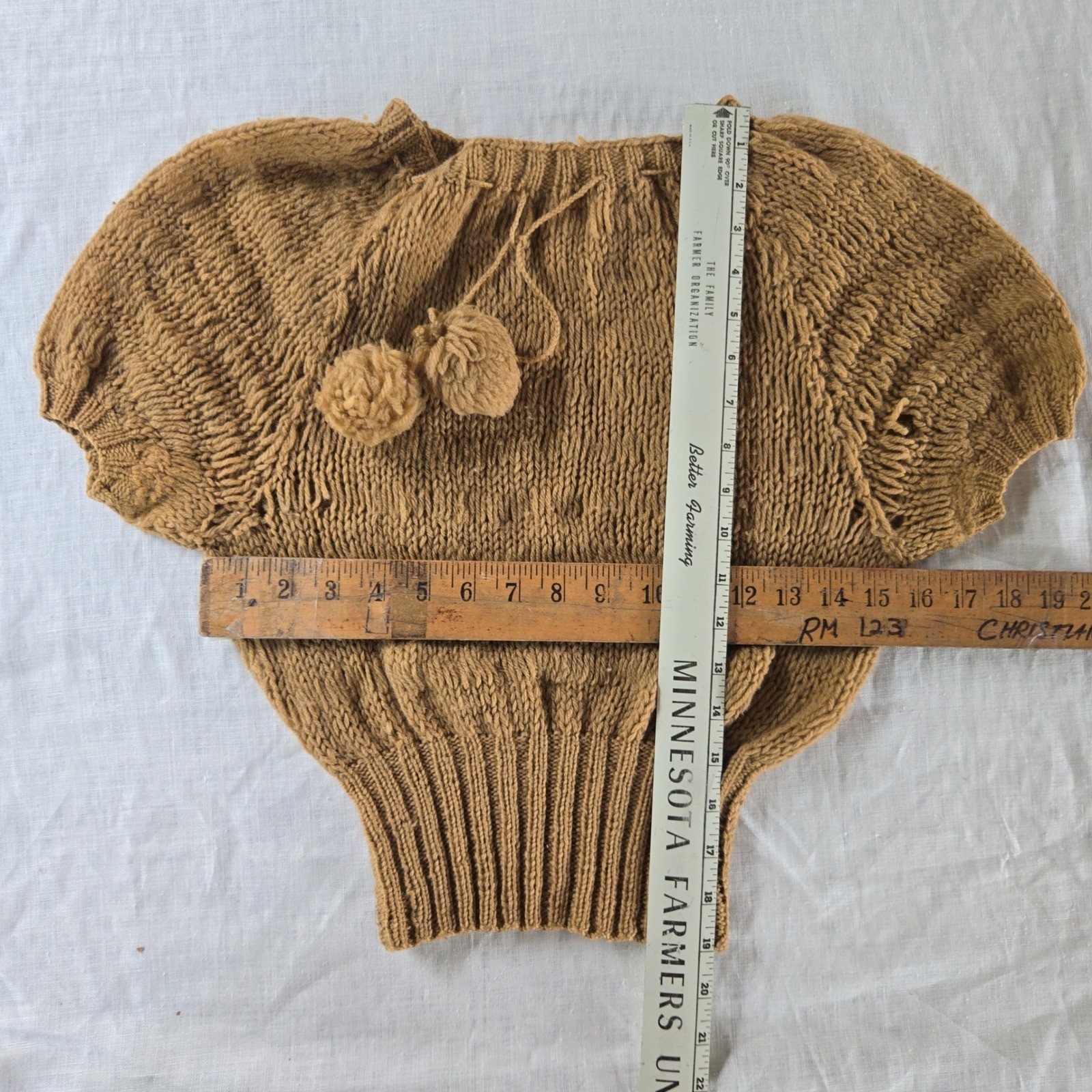 VTG Handmade Cropped Sweater Women’s S Brown Knit Pom Pom Ribbed Distressed USA