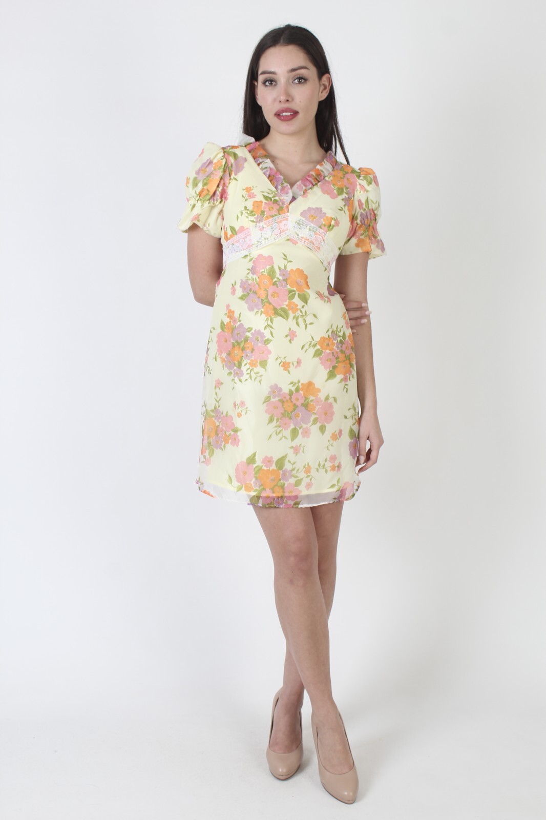 Vtg 70s High Waisted Pastel Floral Bouquet Sunday Easter Mini Boho Frock Dress