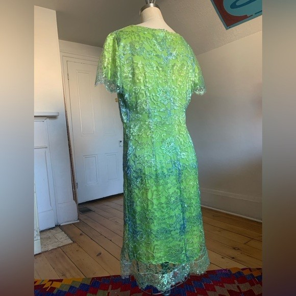Vintage VERSACE Versus Couture Lime Green Iridescent Lace Shift Dress medium