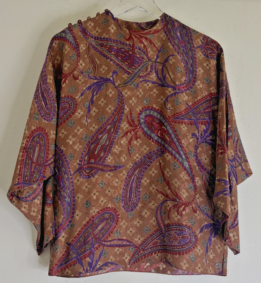 Vtg liena Sz 6 LS 100% Silk Paisley Print Buttons Pullover Dolman Sleeve Blouse