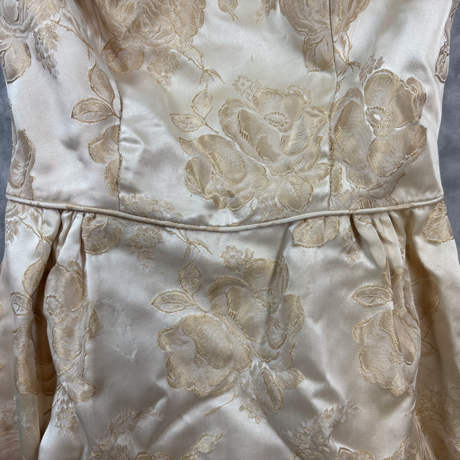1950s Vtg Satin Brocade Formal Gown XS Champagne Rosette Waist Hand Made