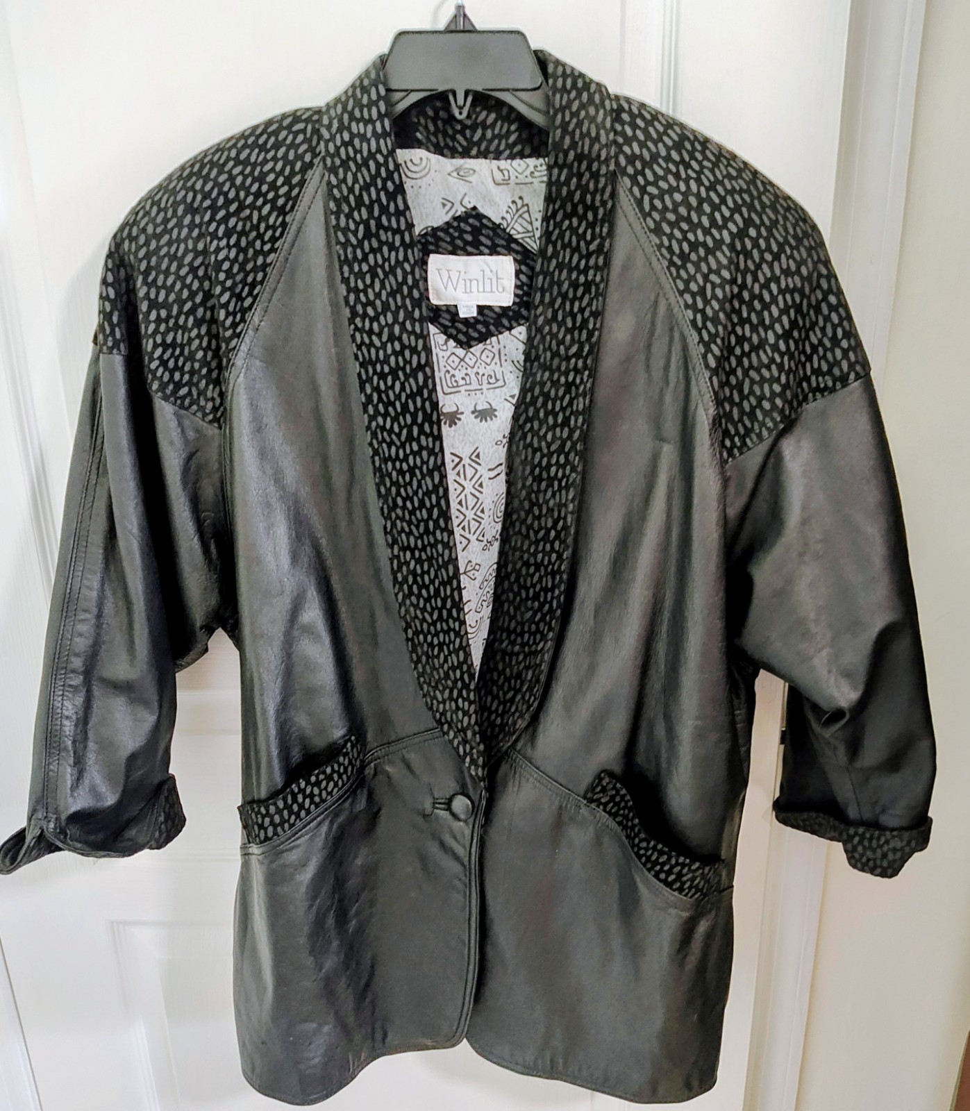 Vintage Winlit Black Womens Leather Jacket Size M Button 1990s Padded Shoulders