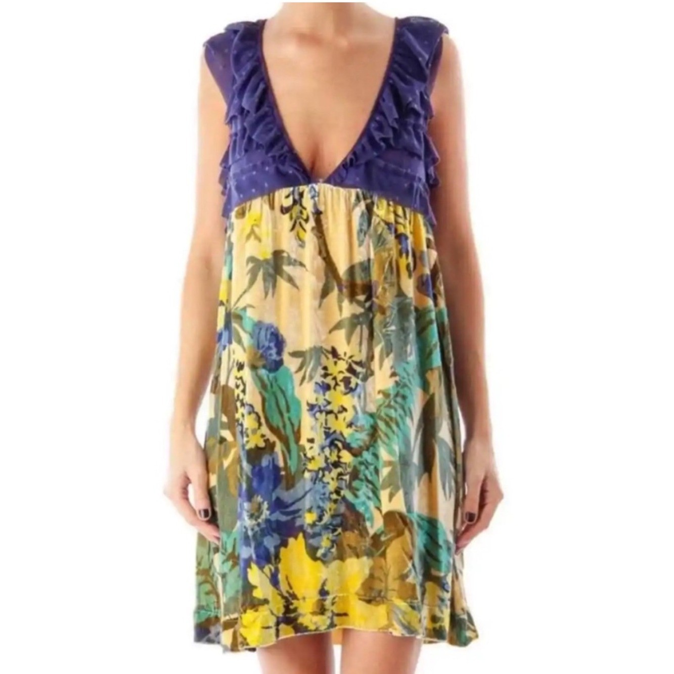 Free People l Floral Velvet Lace Swiss Dot Silk Blend Babydoll Dress Size XS