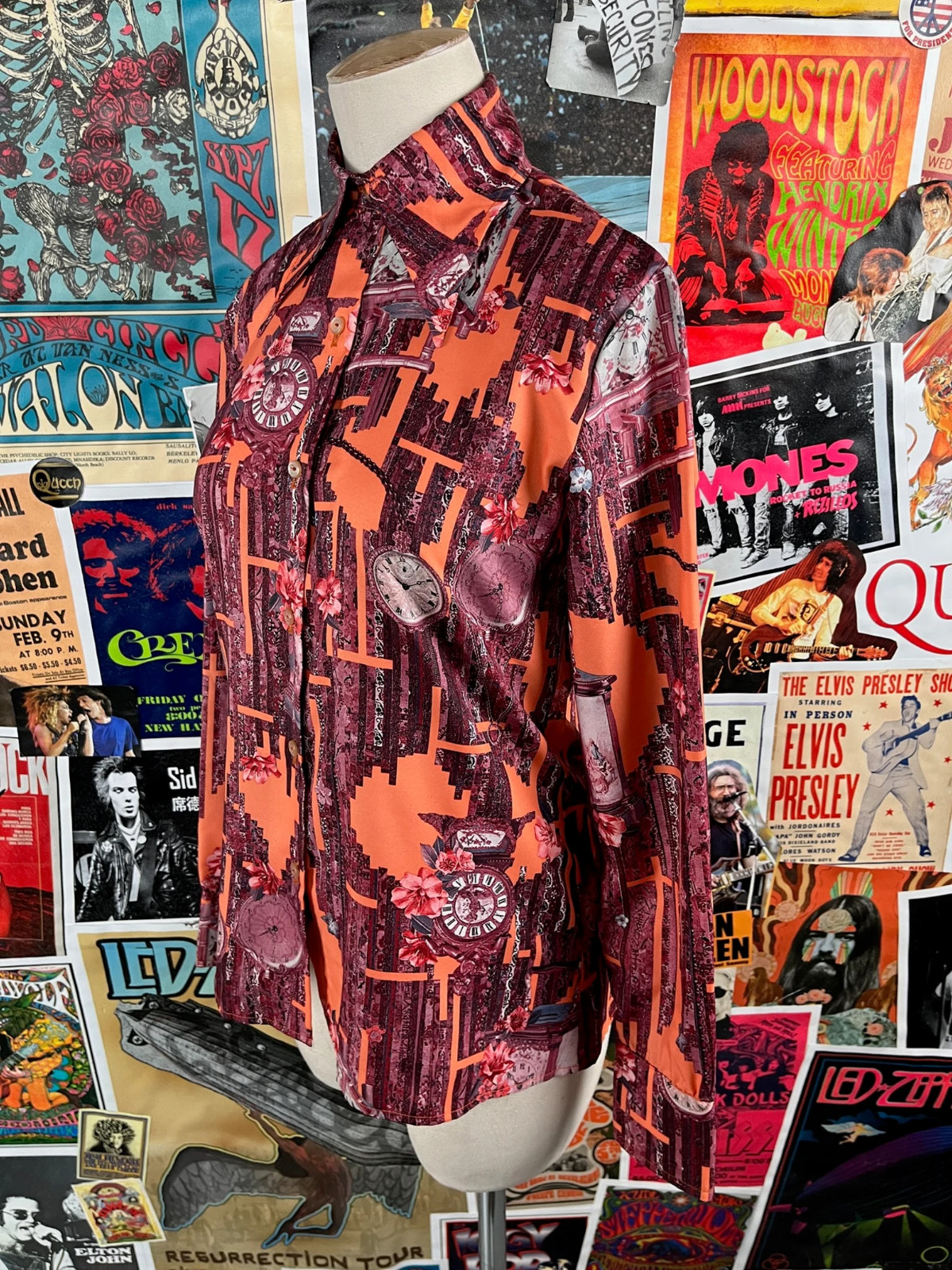 Vtg 60s-70s Gino Rossi Chinoiserie Baroque Clocks Novelty Print Blouse XS Disco