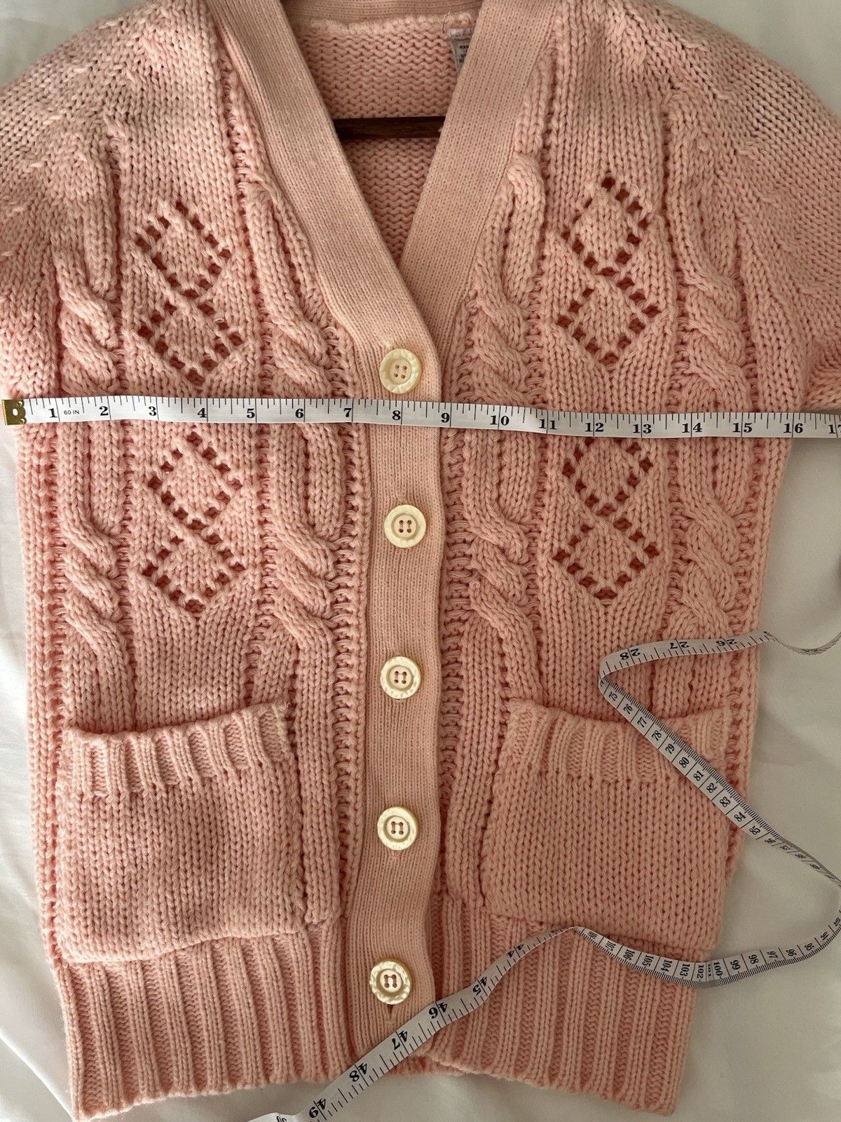 Rare Vintage Baby Pink Chunky Knit Cardigan Sweater Size S 60s 70s W/ Pockets