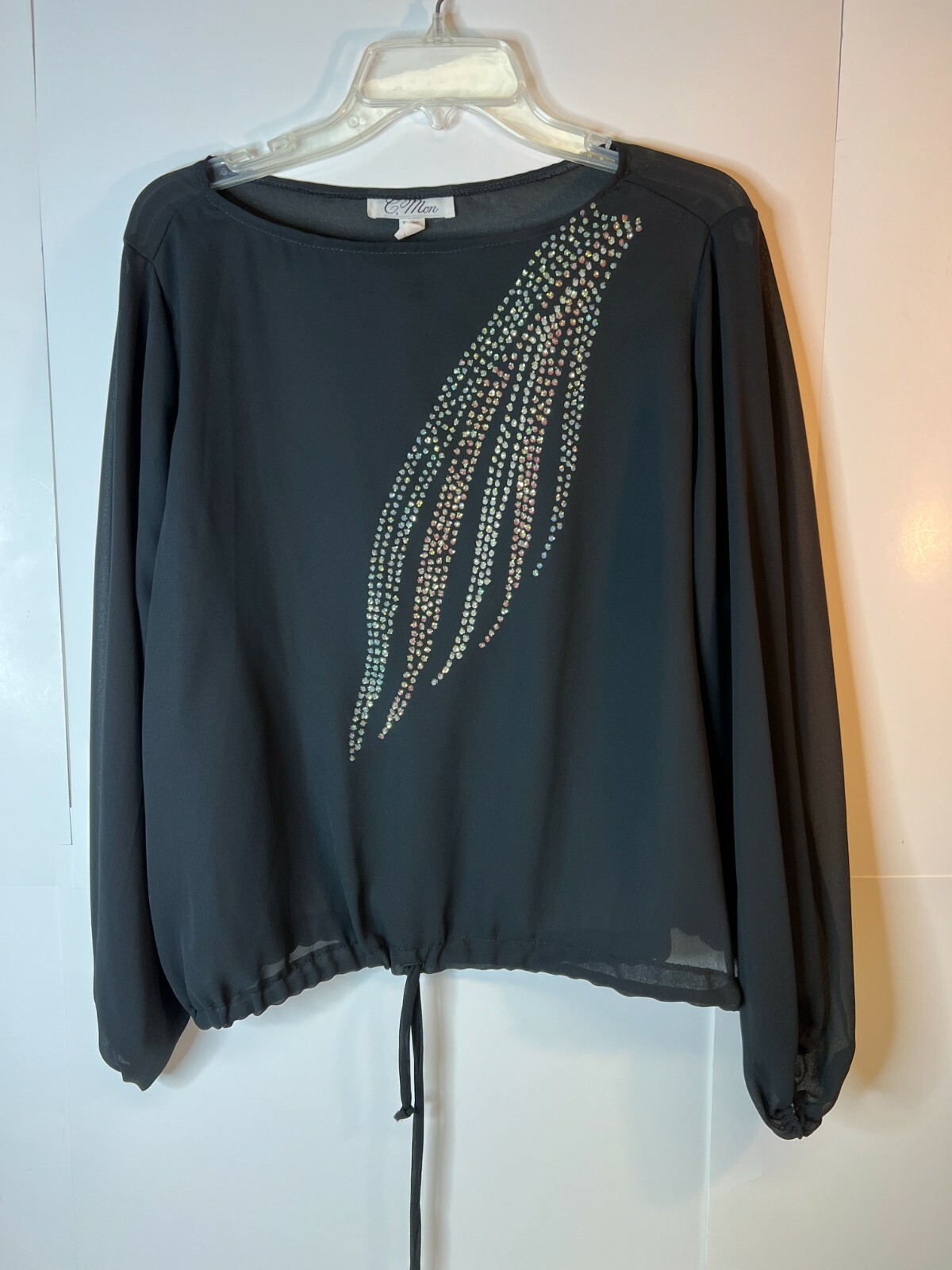 VTG C. Mon Women’s Black Sheer Long Sleeve Blouse Sequins Drawtie Waist Size 22