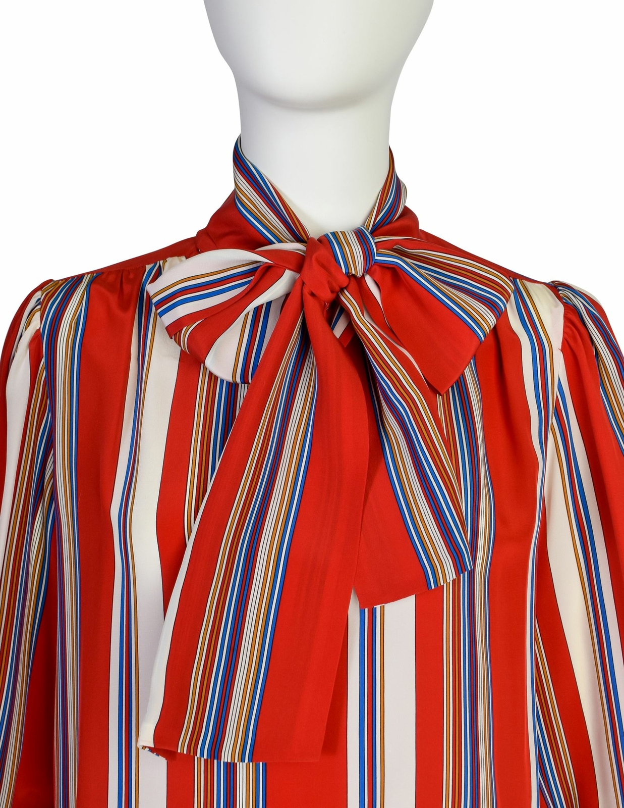 Yves Saint Laurent Vintage SS 1982 Red Multicolor Striped Silk Lavalliere Shirt