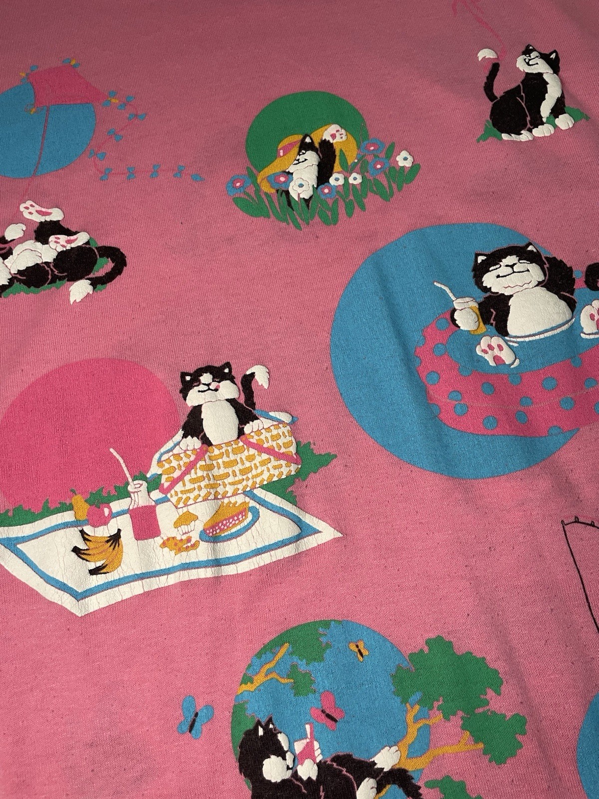 Vintage 80s Spumoni Pink Cats AOP Collared T-Shirt Size Large