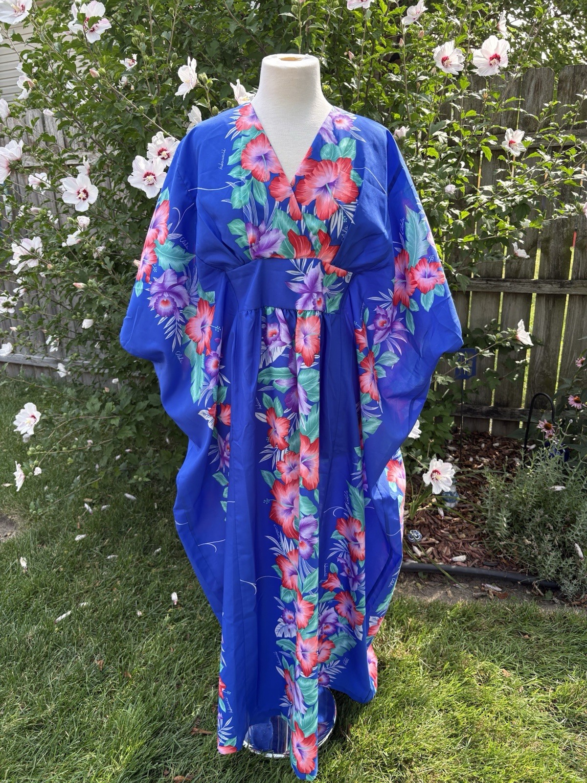 Vintage Hawaiian Caftan Blue Floral Print