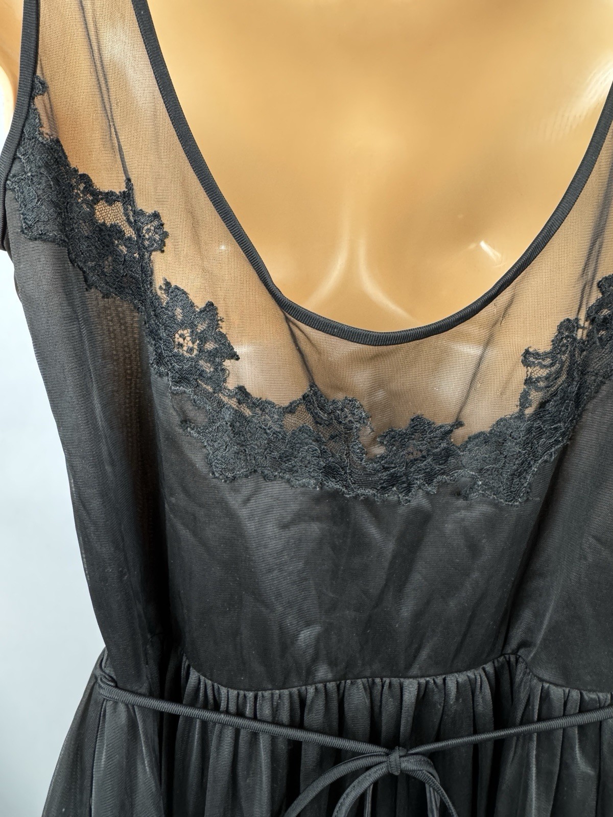 Vintage Shadowline Nylon Nightgown Black Size 34 Lace Empire Waist Tie Back