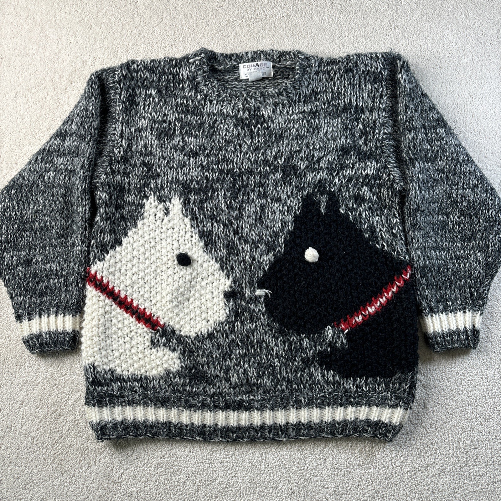 Vtg COLLAGE By Hand Knit Black/White Scotty Dog Thick Acrylic Sweater Sz Large
