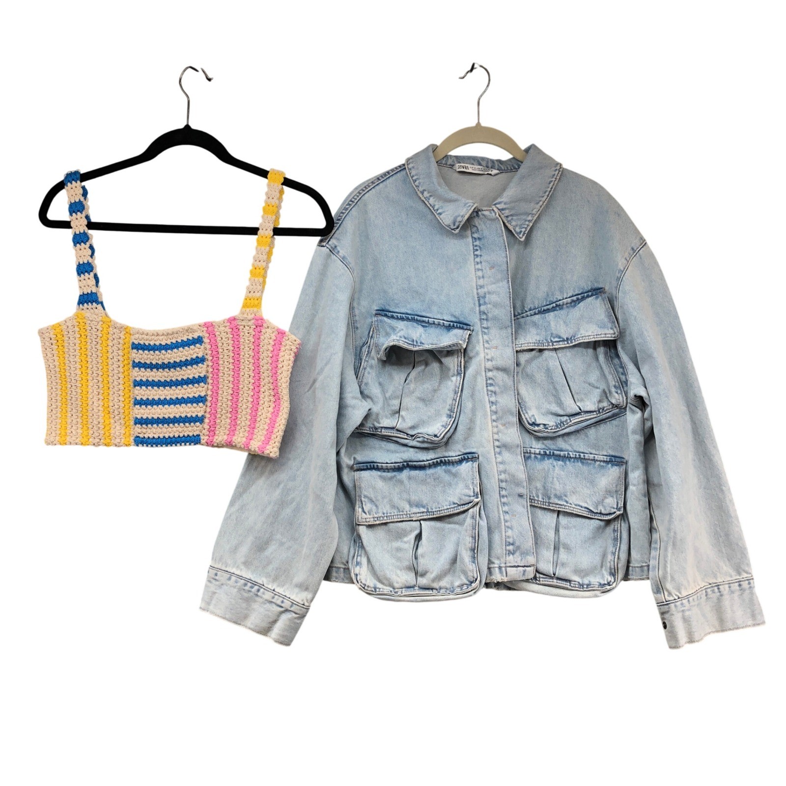Zara Denim Jacket Crochet Top Set Womens M Blue Multicolor Utility Boho 2pc