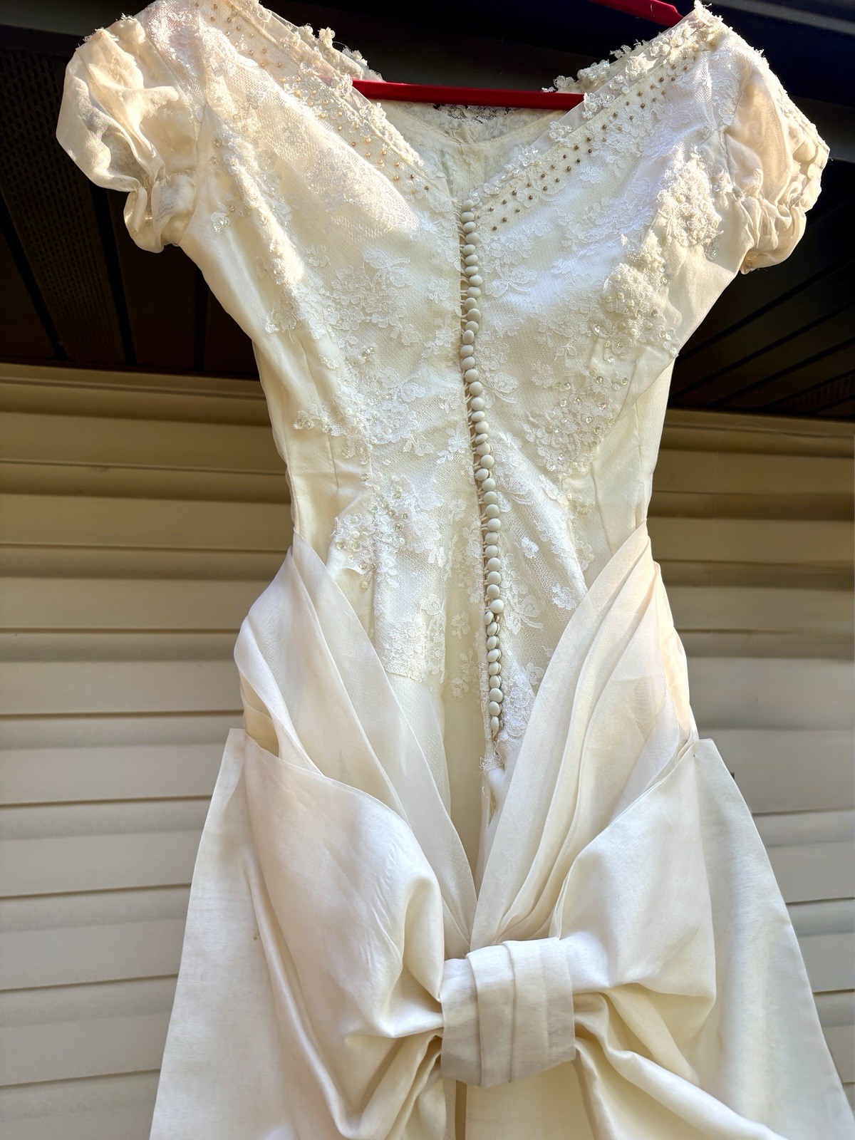 Vintage 1950s Satin & Lace Button Back Wedding Dress w Beads, Bow & Lace Gloves