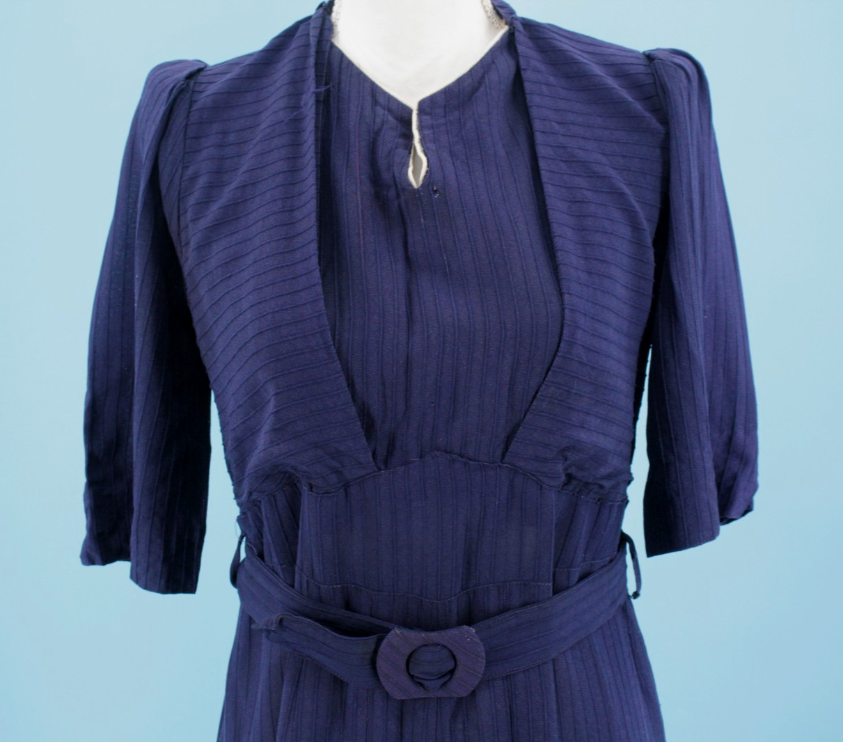 VTG Women’s 30s Navy Blue A Line Midi Dress W/ Belt Sz XS/S 1930s Rayon?