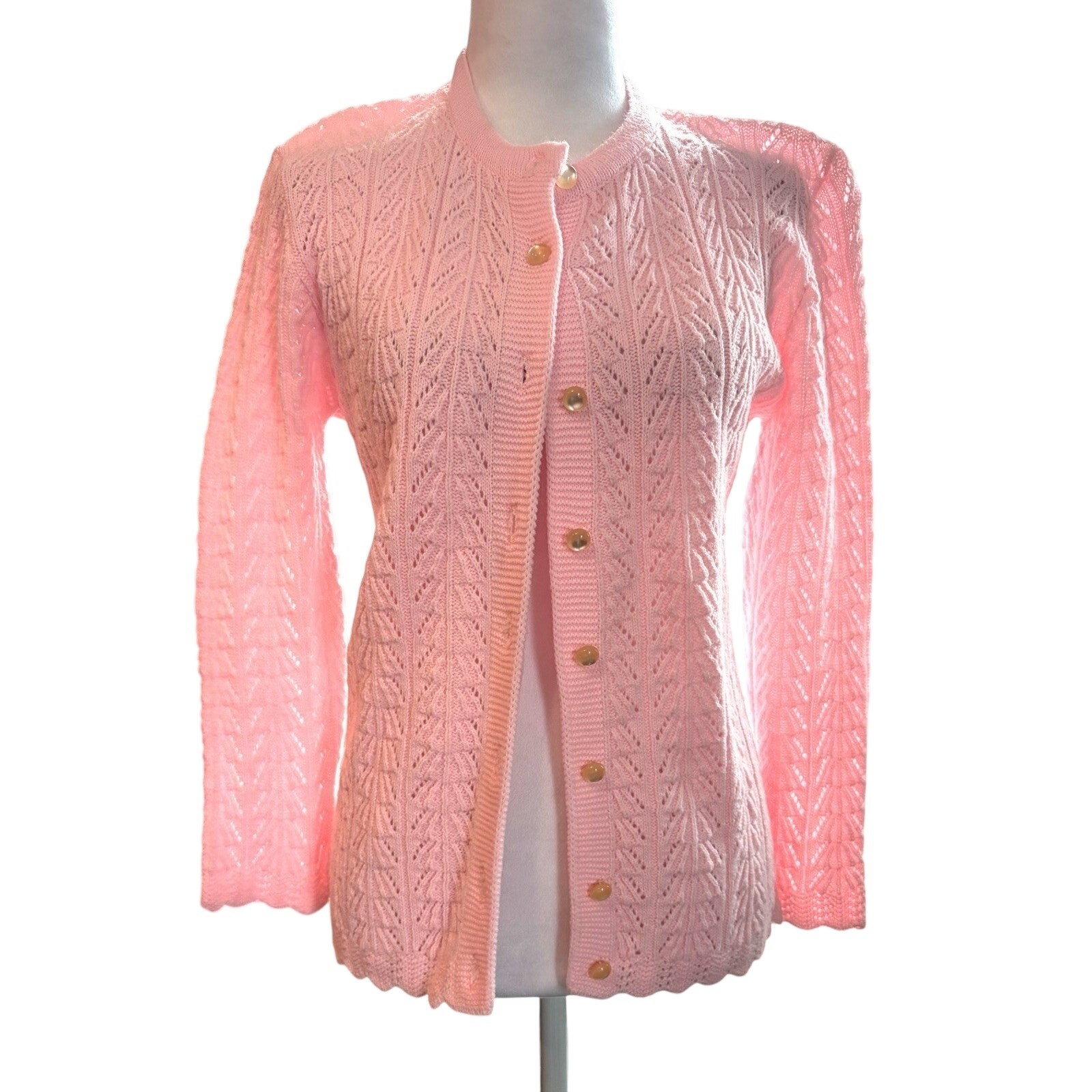 Vintage Pink Granny Cardigan Sweater Sz S Orlon Acrylic Scalloped Hem Preppy