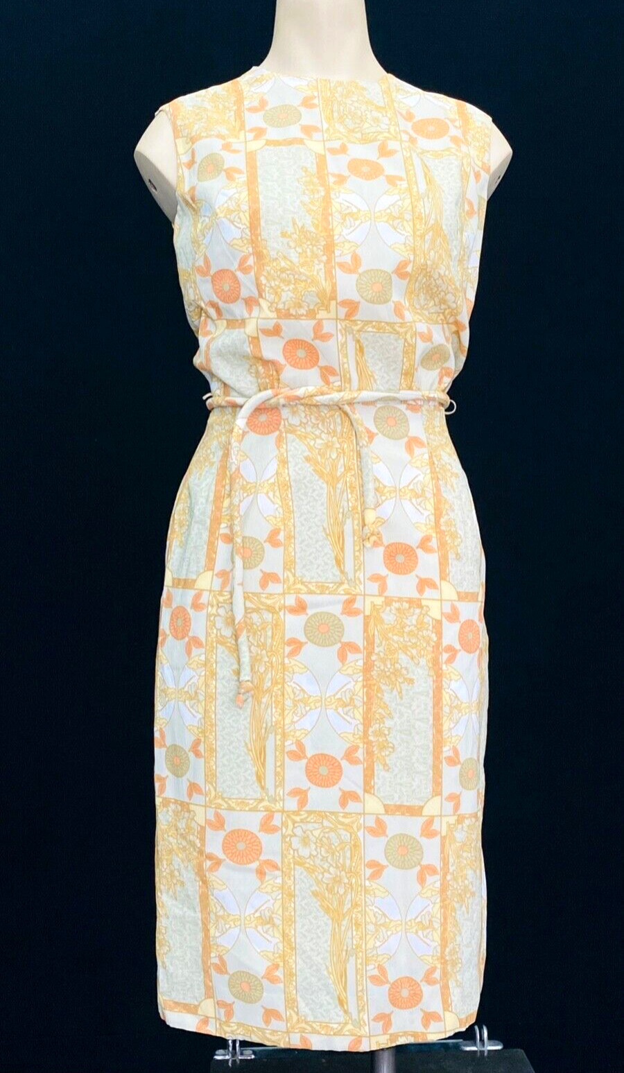 Vintage 1960s white Asian style dress, tan brown orange gold floral summer XXS