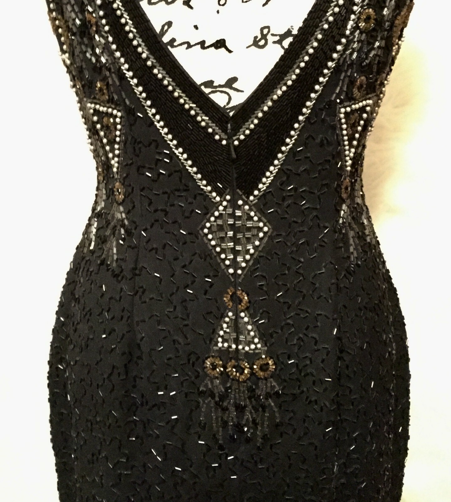Vintage A.J. Black Formal Dress Gold and Silver Beaded Size 8 100% Wool