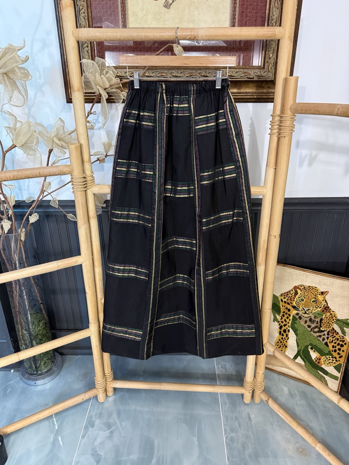 Vintage Mr Hank Black and Gold Plaid Elastic Waist Maxi Skirt Sz Small 💚🍄