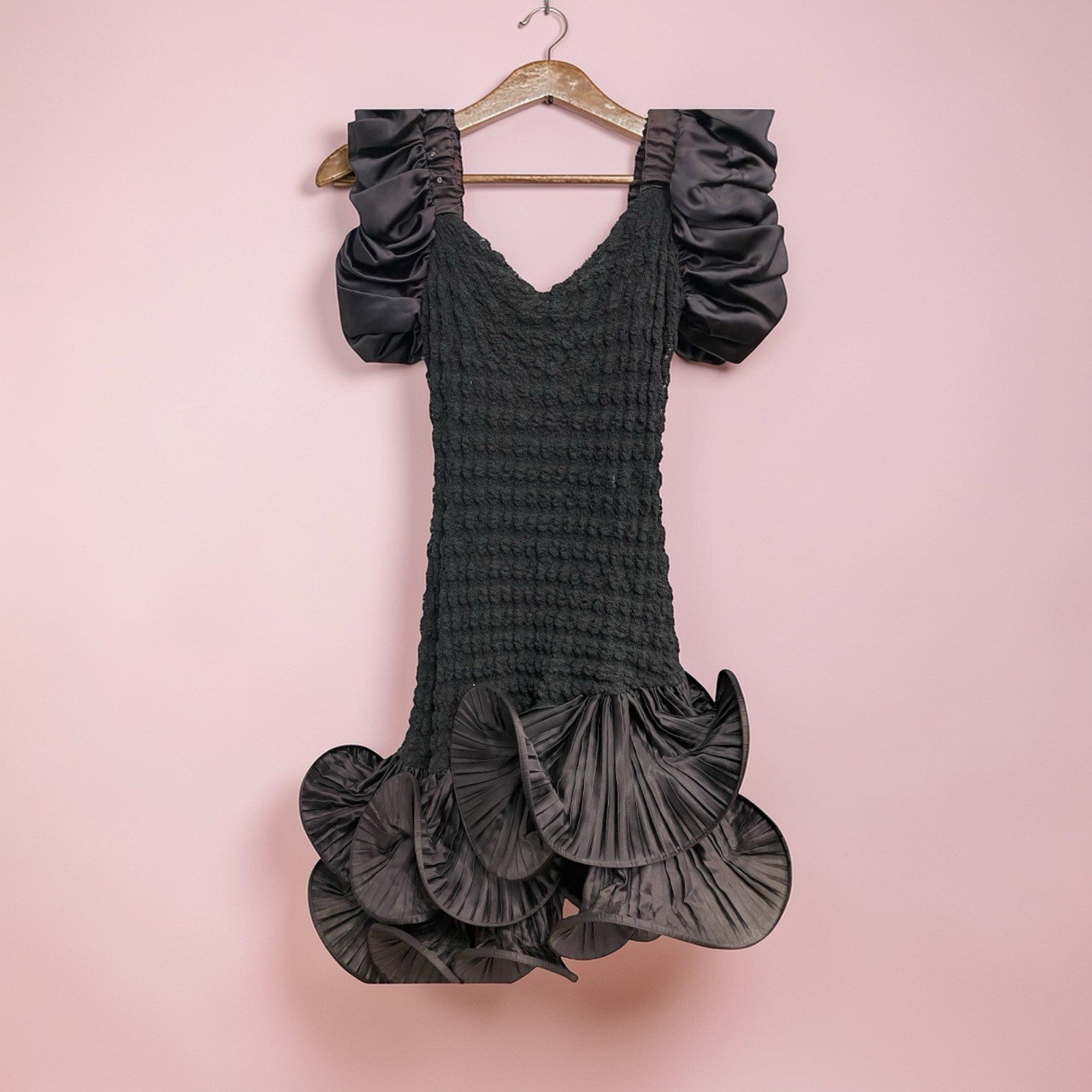 Vintage 80s A La Carte California Bubble Hem Black Party Dress Size 12 Lace Body