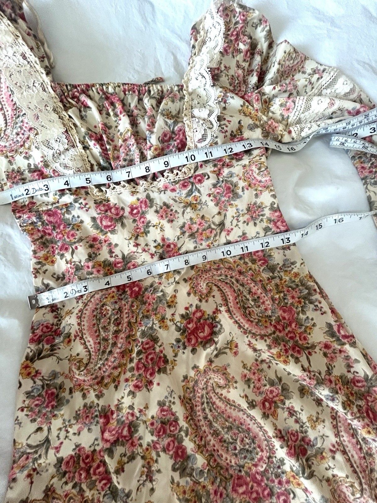 Vintage 70s Handmade Floral Paisley Lace Boho Peasant Maxi Dress Size S