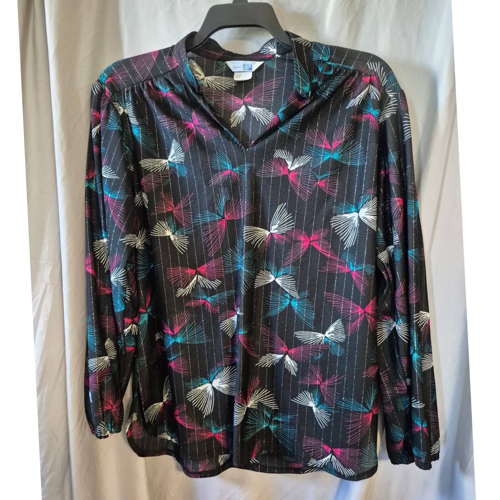 Vintage Sears The Fashion Place Black Pink Teal Metallic Knit Top Size 18 F0541