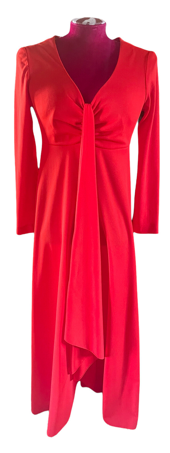 Vintage Tomato Red 1970s Maxi Dress Bodice Gather Full Length Long Sleeve Knit