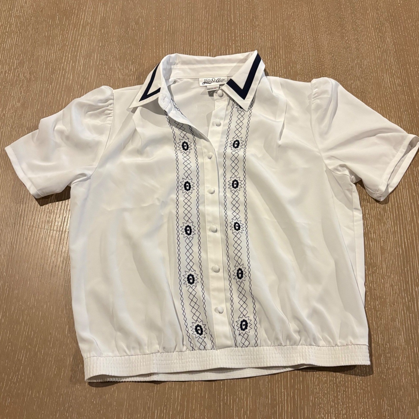 Yves St Clair White Embroidered Blouse Women’s 16 Short Sleeve Retro Top EUC