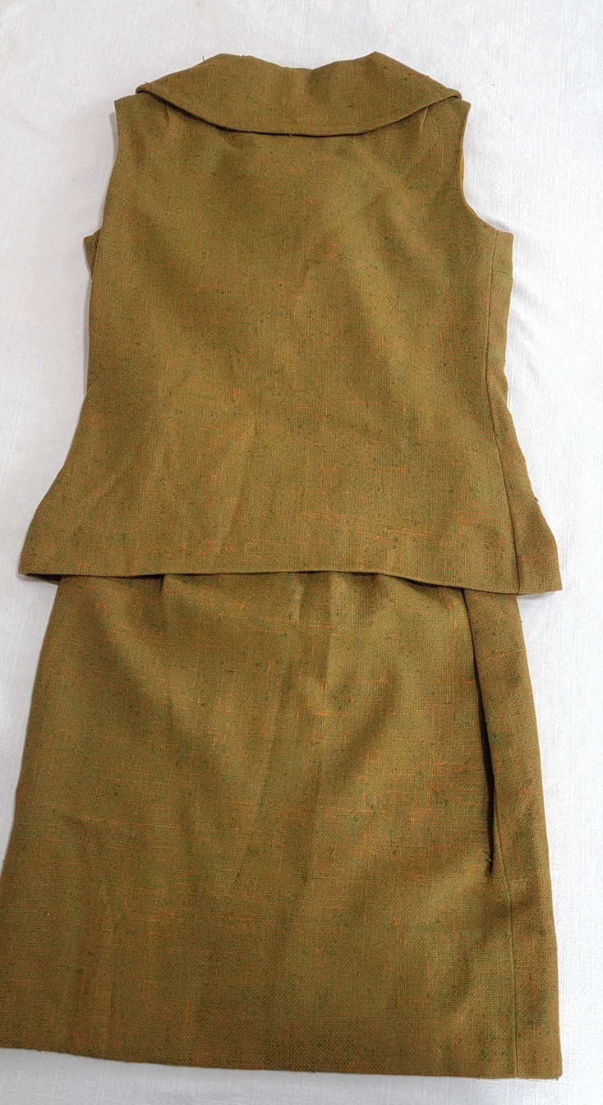Vintage 60s Mara by Romay Skirt & Vest Suit Set XXS Olive Green Orange Bow Nubby