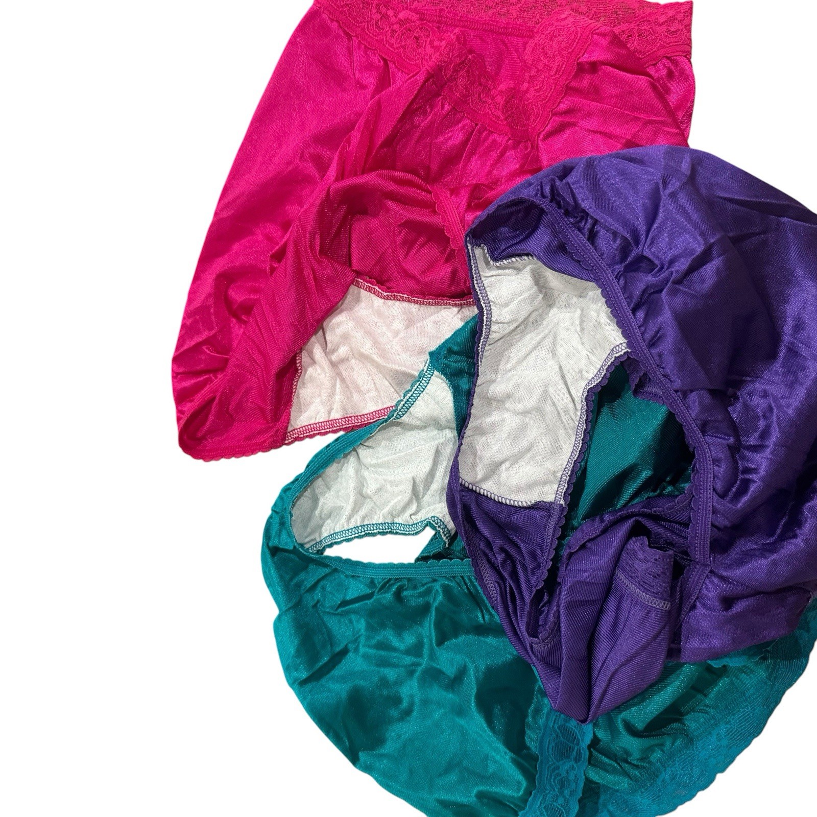 VTG NEW 3 Pr Hanes Her Way Captiva Nylon Panties Lace Trim Teal Purple Pink Sz 7