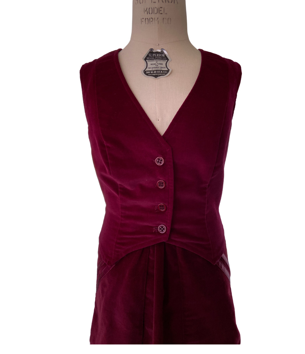 vintage 1970s Brass Plum By Nordstrom Burgundy Velvet Skirt And Vest size 5