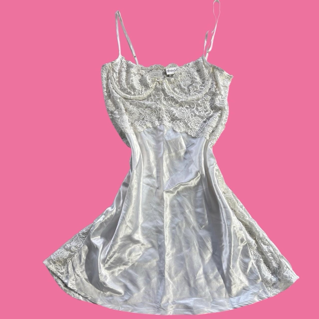 Vintage Frederick’s of Hollywood Lace Satin Slip Dress Size Small White Lace
