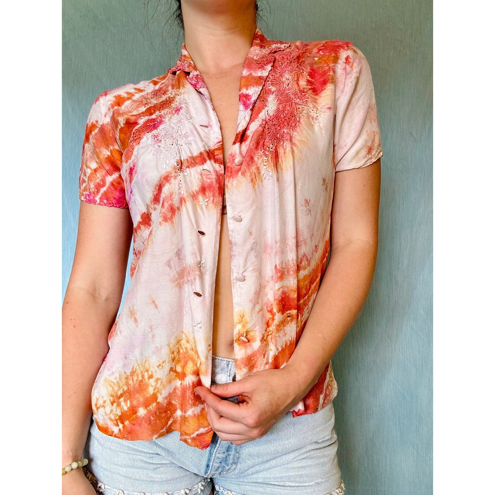 Shibori Dyed Vintage Silk Blouse Orange Pink Button Up Reworked Tie Dye Upcycled