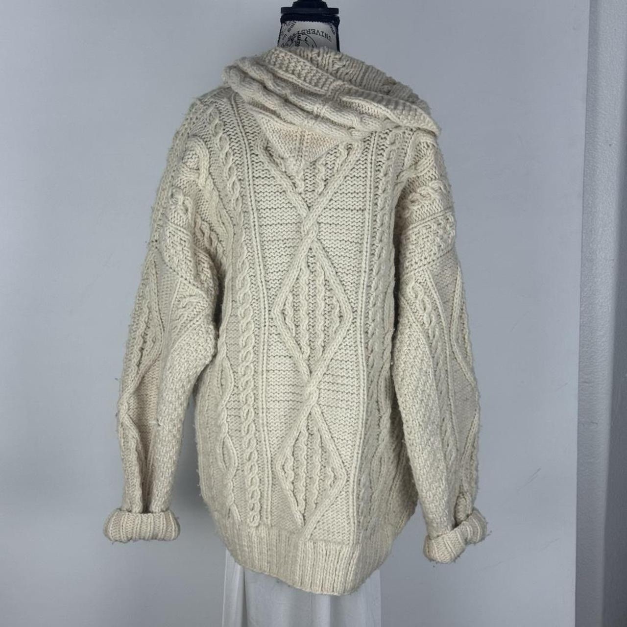 Hand Knit Aran Fisherman Cardigan Cream Cable Knit Wool Sweater Vintage L/XL