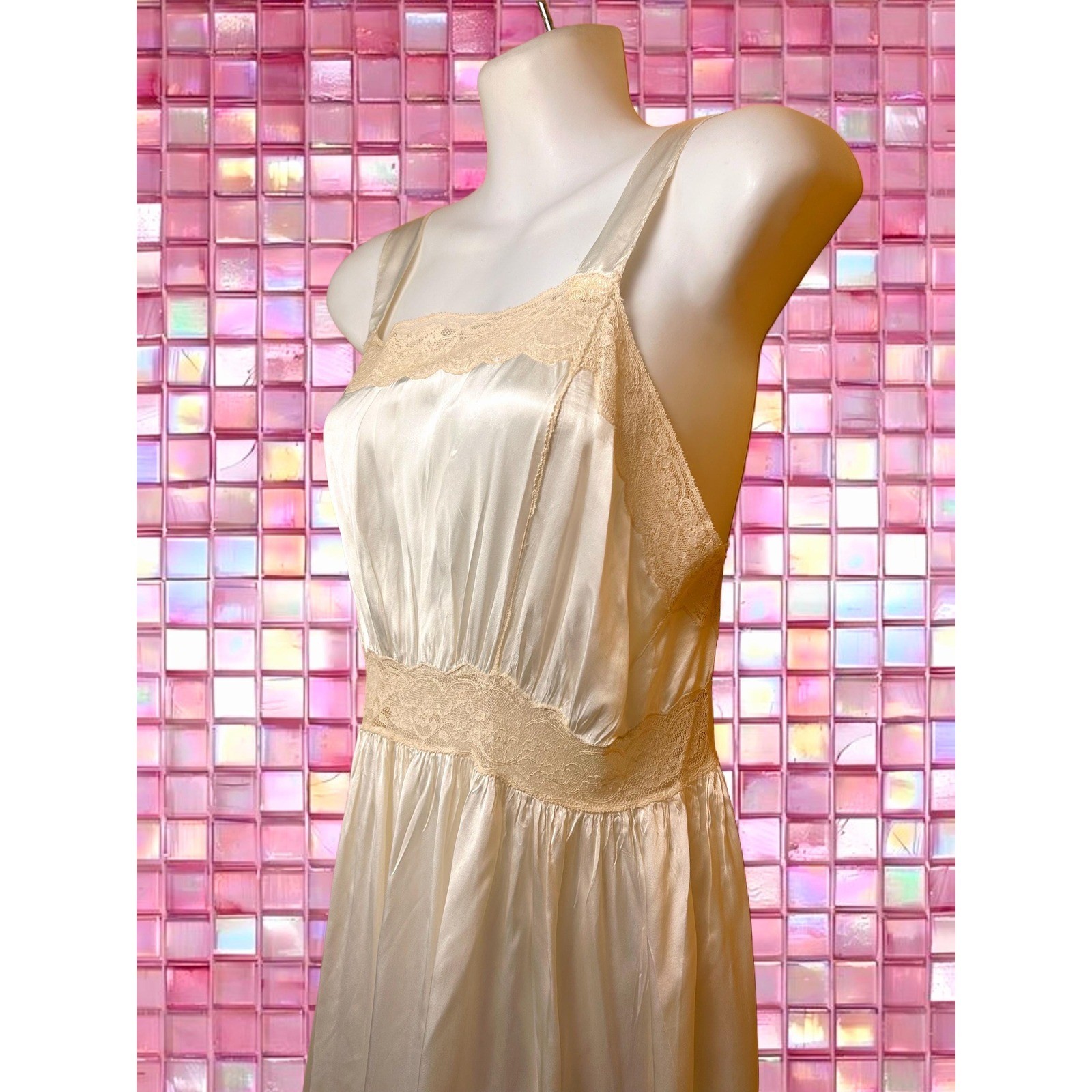 Vintage 1940s Textron Rayon Slip Dress | Cream Satin & Lace Lingerie