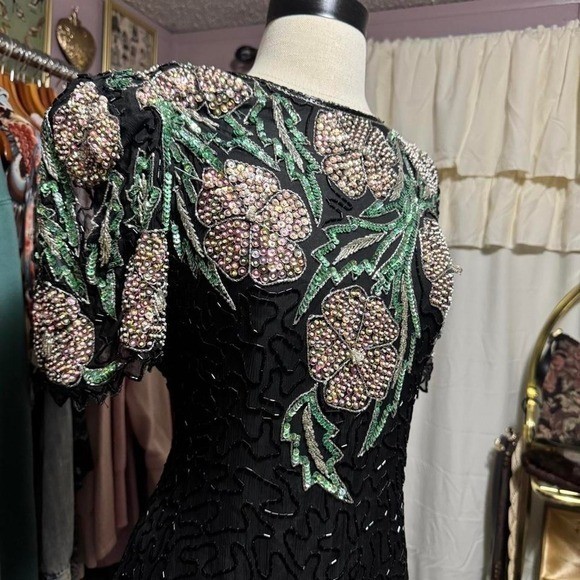 Vintage Pure Silk Sequin Beaded Floral Midi Dress