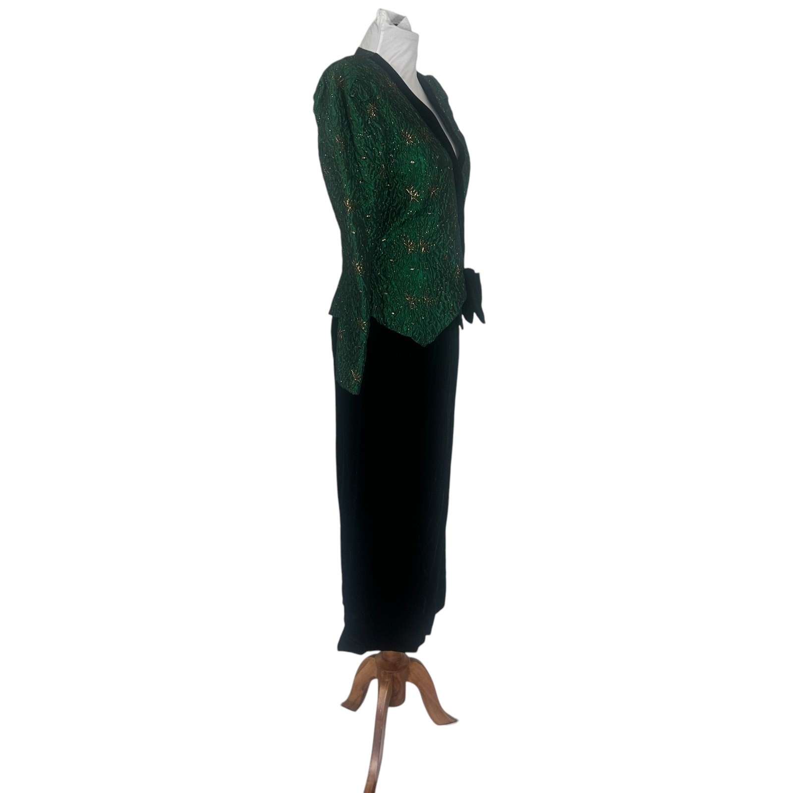 Vintage 1980s Green Gold Brocade and Velvet Two Piece Dress XS/S