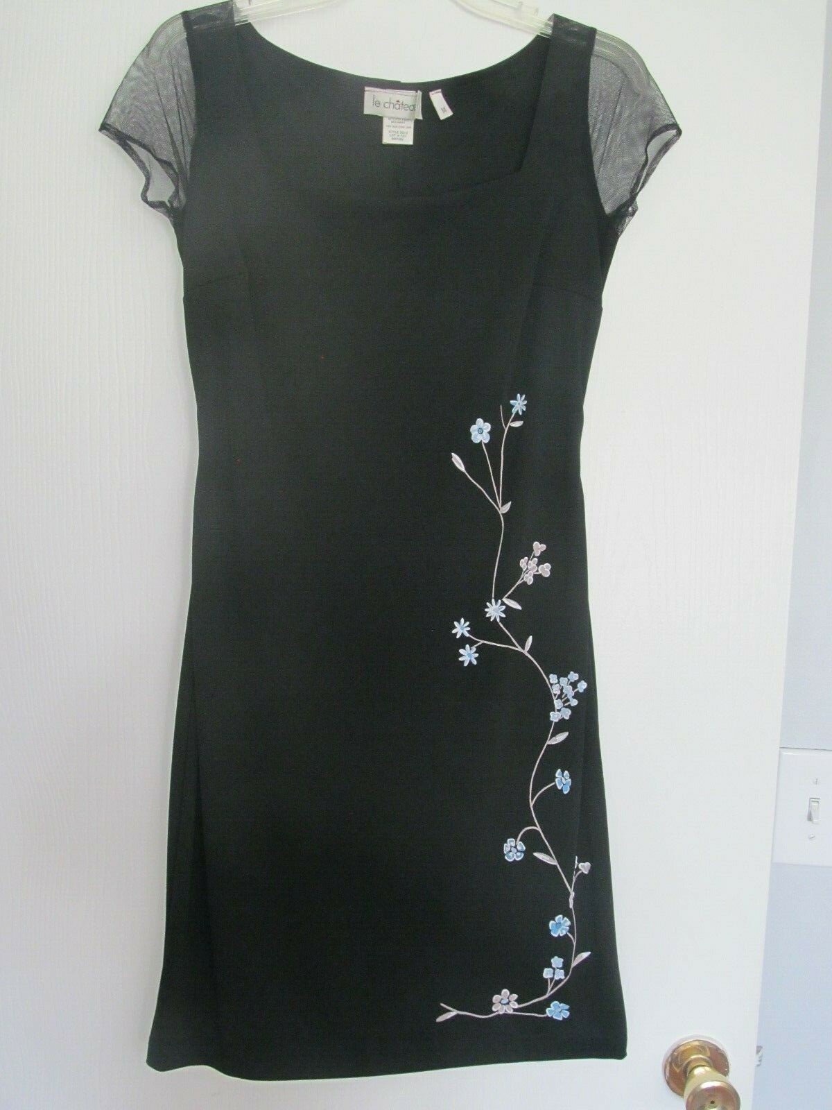 VTG BLack cap sleeve DRESS embroidered flowers M Le Chateau wiggle pencil crepe