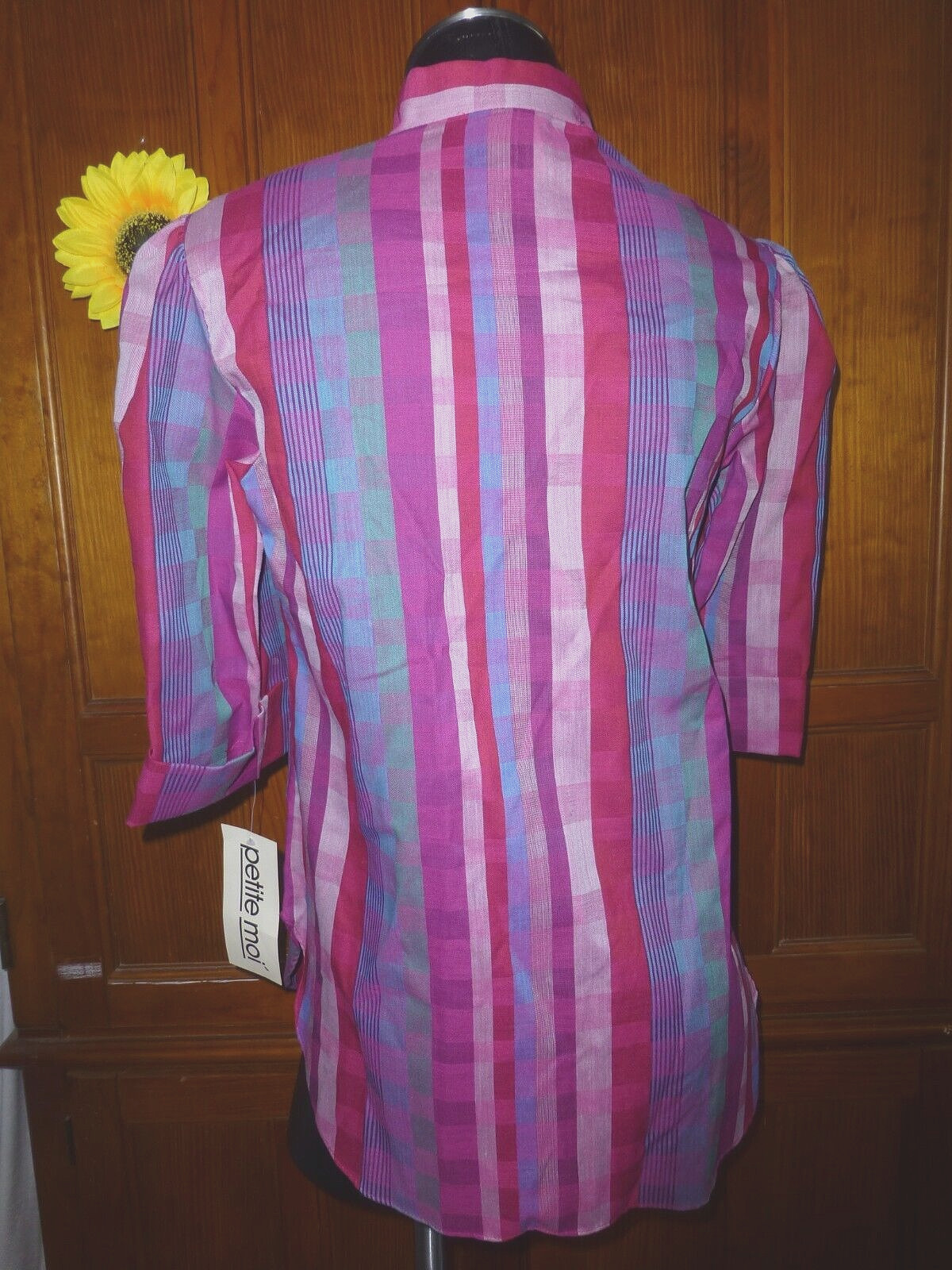 New Tag Vtg 80s Berry Green Check Geo stripe Secretary Boho Tunic Top Blouse NOS