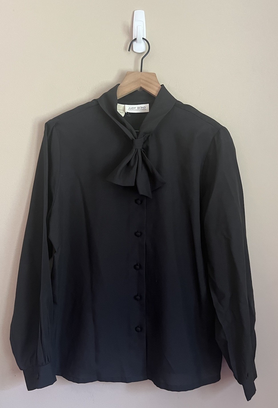 Vintage Judy Bond Blouse Top Shirt Black Bow Secretary 70s 80s Size Large 12 14
