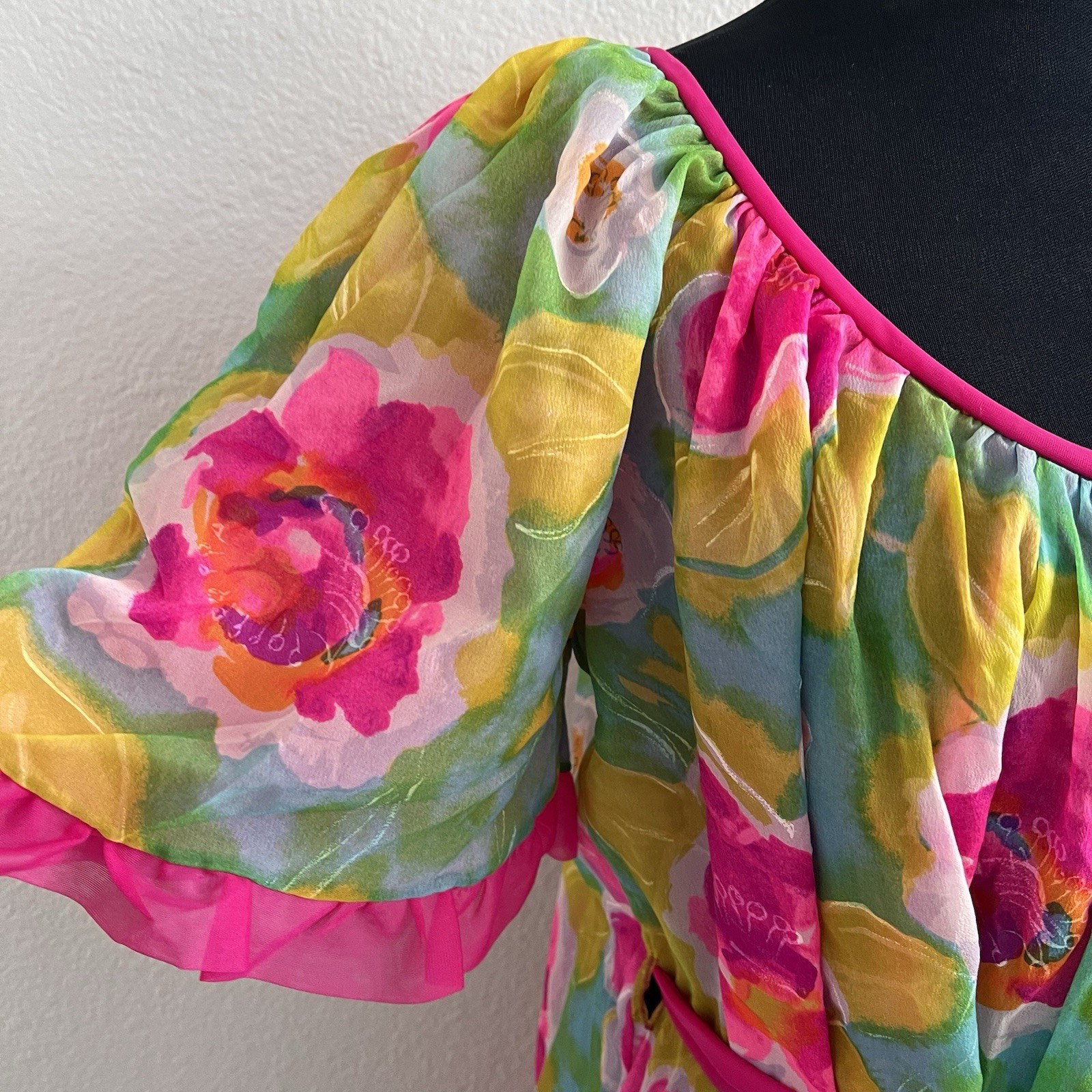 Vintage Jenelle of California Gown Belted Ruffles Floral Lined Colorful Nylon
