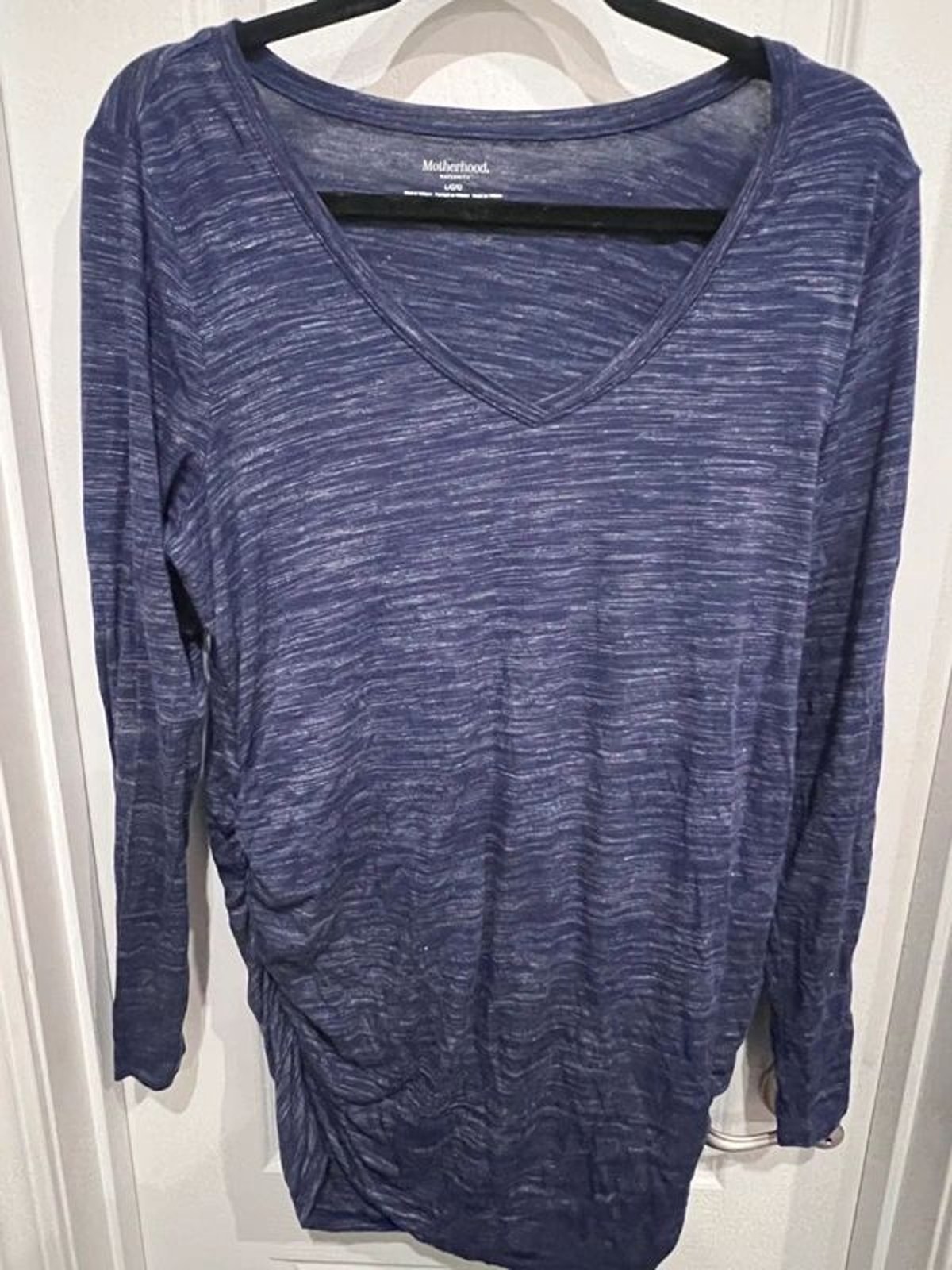 Motherhood Maternity Heathered Navy Blue Long Sleeve V-Neck Top Size Large