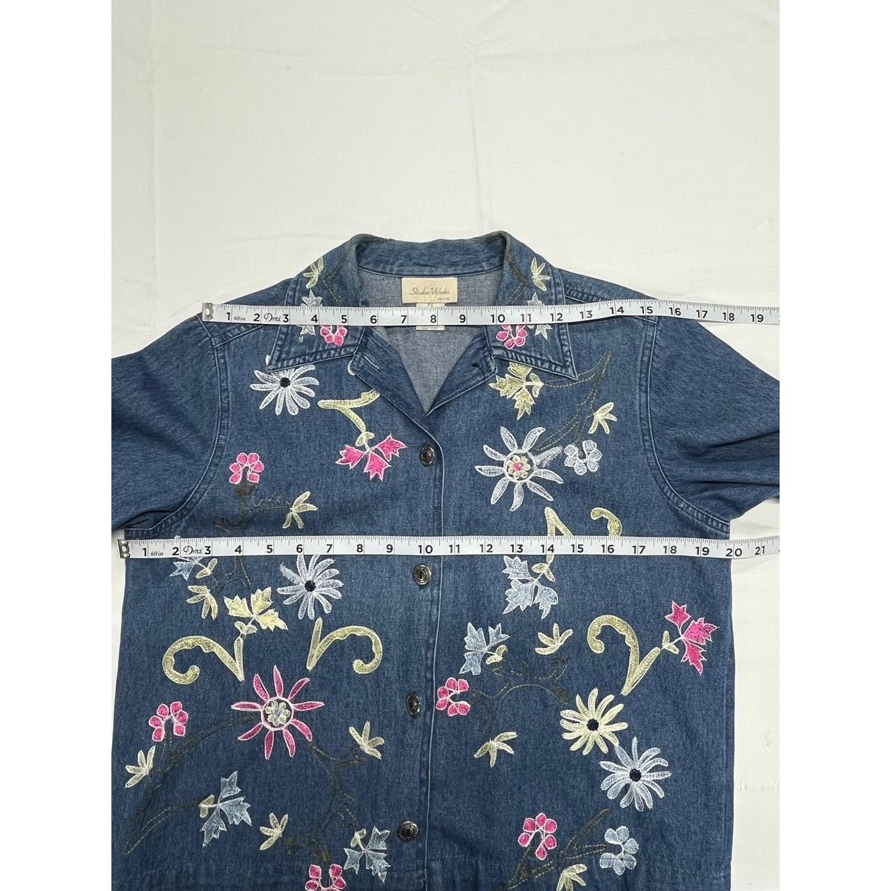 Vintage Studio Works Petite Denim Floral Embroidered Button Up Jacket Size PS
