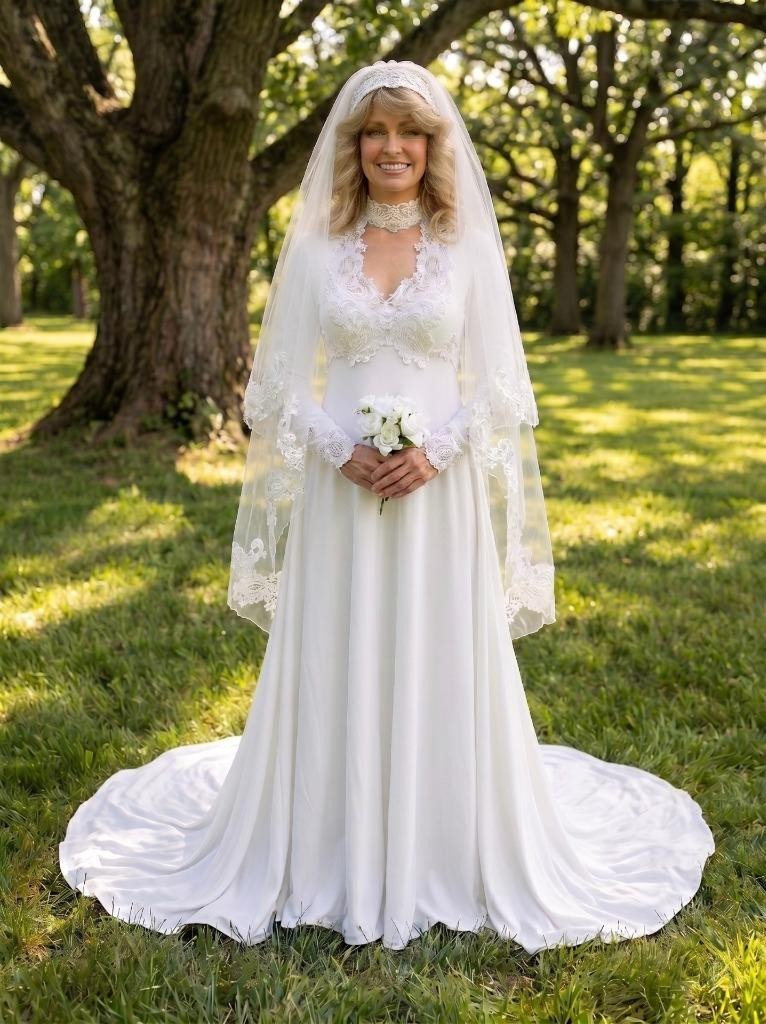 Vtg 70s Wedding Dress XS White Knit w Lace & Pearl Detail Train Veil Long Sleeve