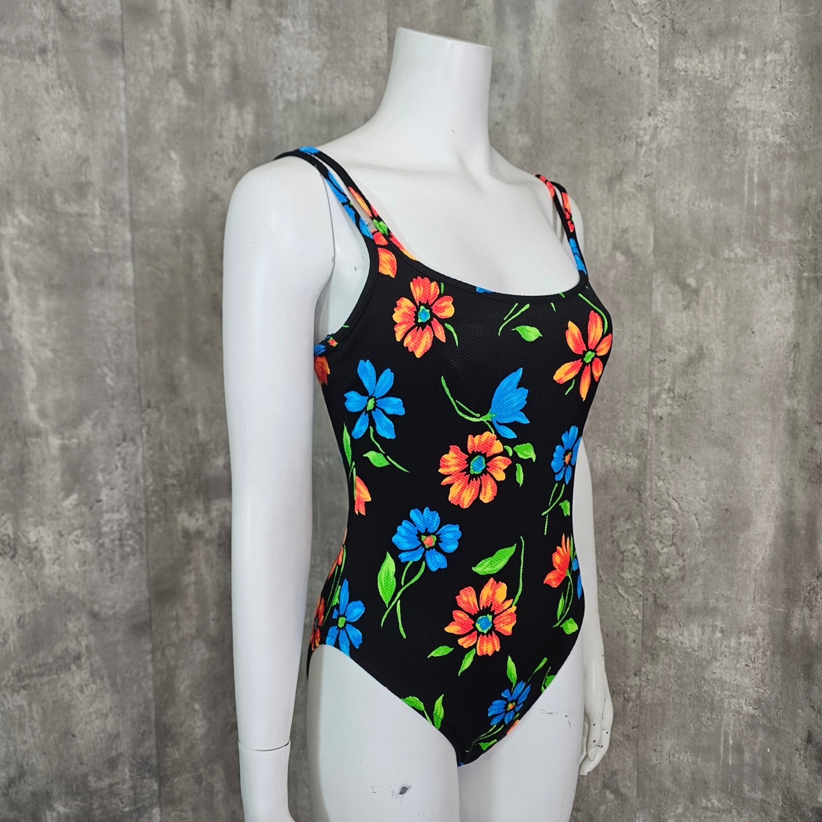Vintage Concepts Sport Floral Swimsuit Black Neon One Piece High Cut USA