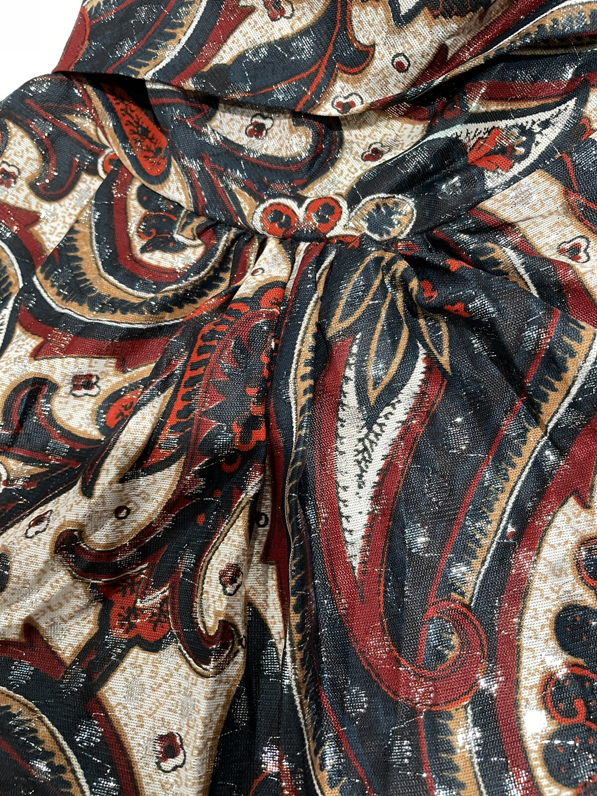 Vintage 1970s Hostess Dress Paisley Metallic Long Maxi 100 Parkhouse SZ M