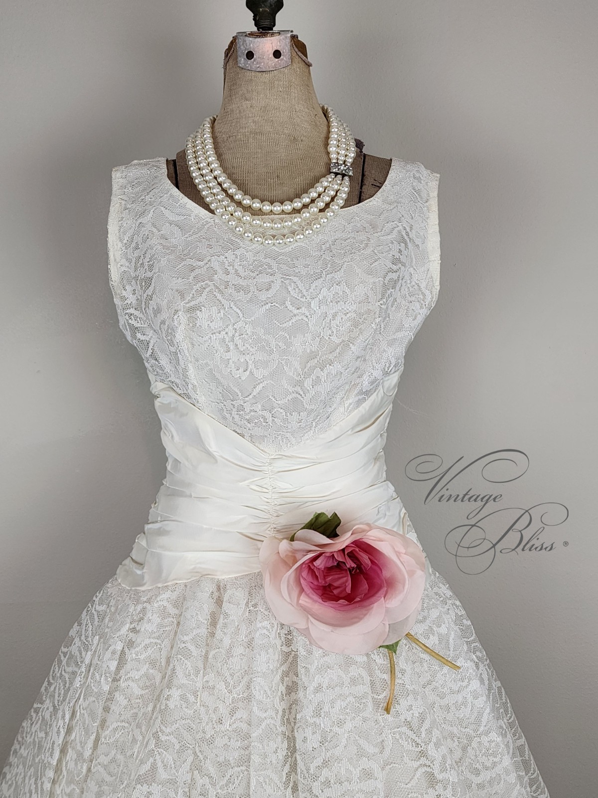 Vintage 1950’s Warm White Satin with Lace Overlay Cocktail Dress Size Medium