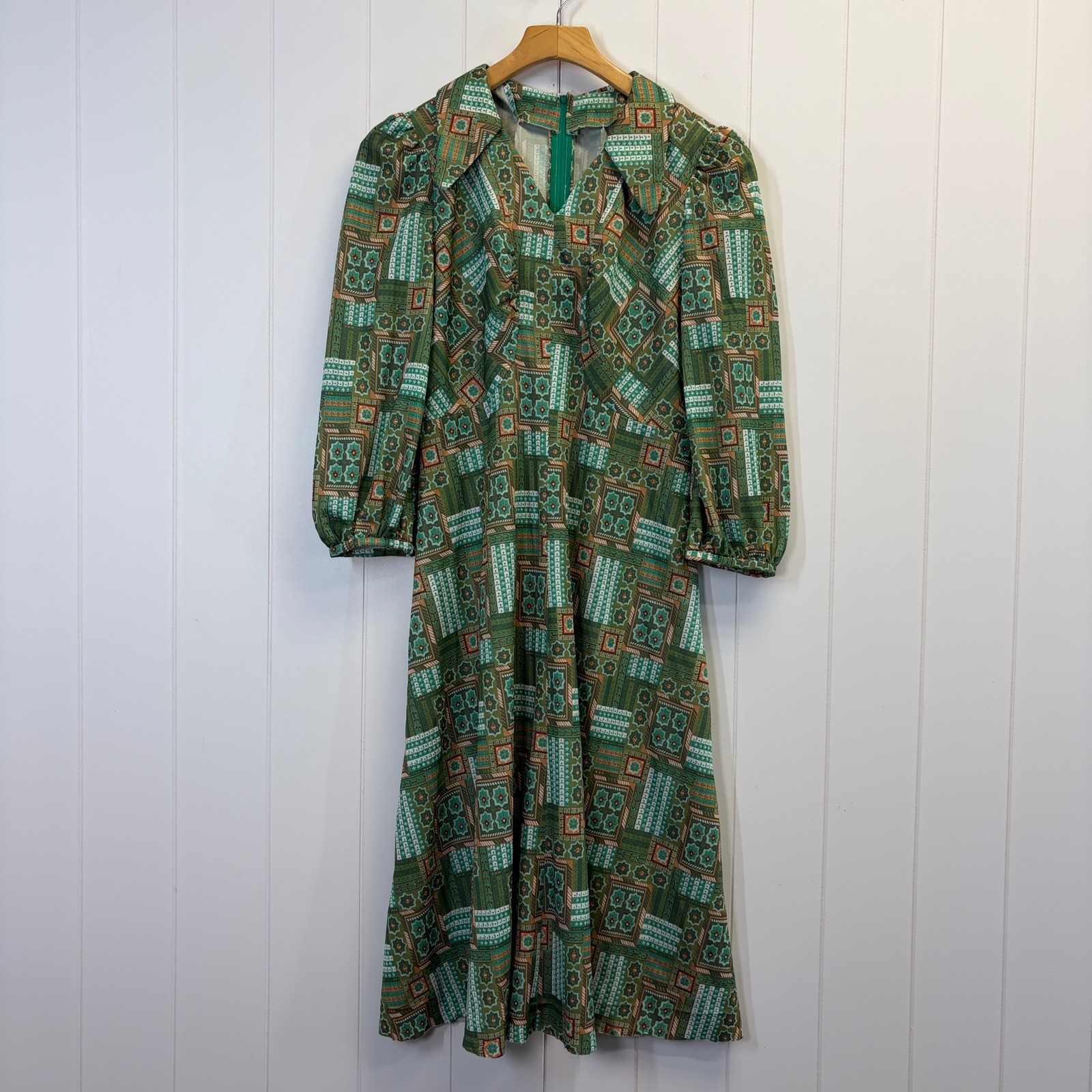Retro Handmade Mosaic Midi Dress Womens M Green Psychedelic Mod Twee 70s Vibes