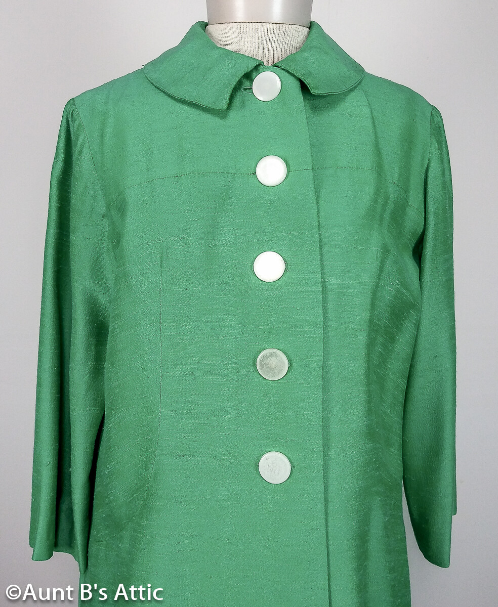 Vintage 60’s Spring Handmade Matching Gr Sleeveless Dress & 5 Button Coat M/L