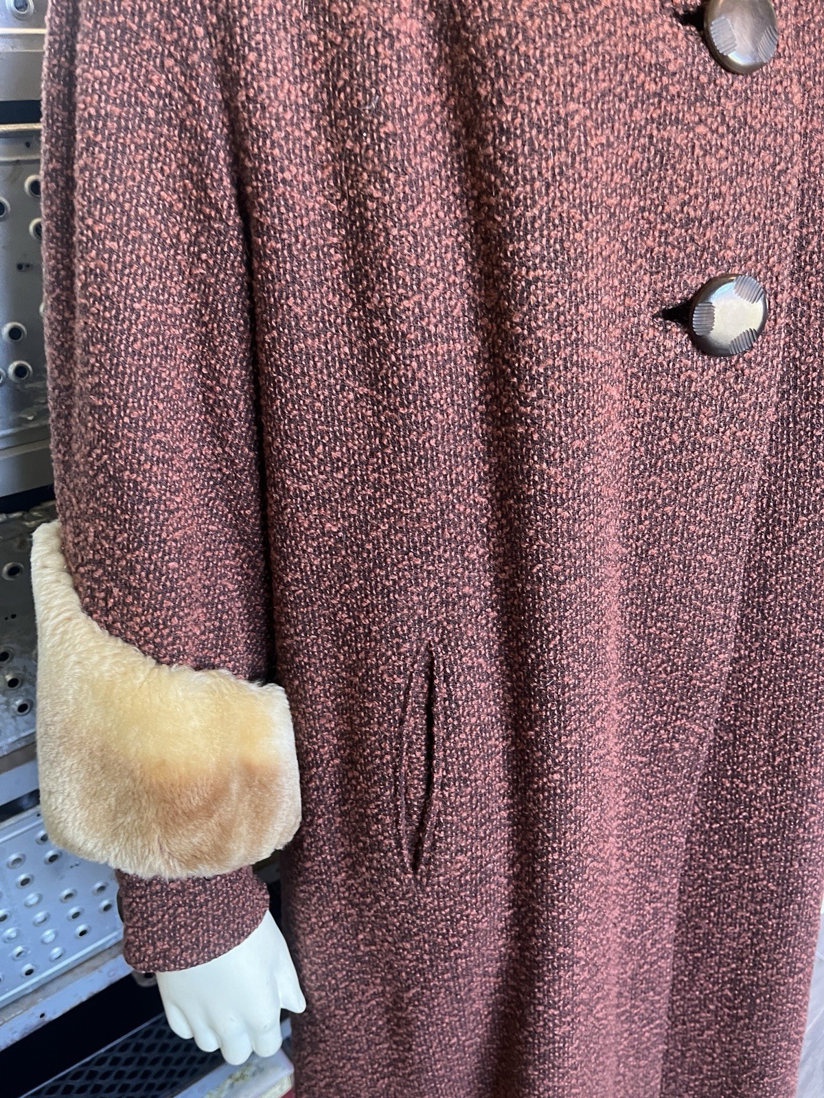 Womens Vintage 1960s Swing / MCM Shearling / Brown Wool Tweed Coat Sz M/L
